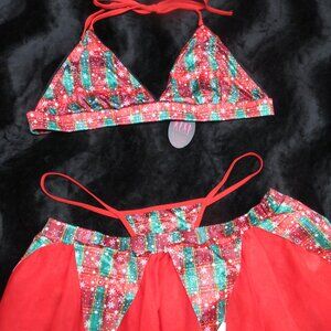 3pc Red White and Green Christmas Holiday Lingerie Costume Set
